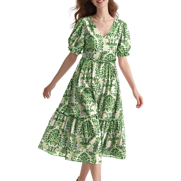 Vestido midi YESNO de verano con estampado floral con cuello en V y manga abullonada para mujer