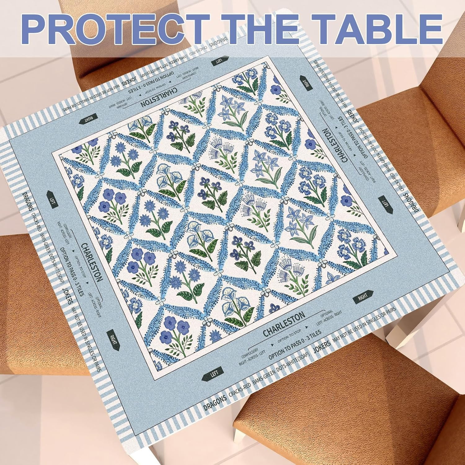 Tegeme Chinoiserie Mahjong Mat 31.5" x 31.5" Blue Purple Flower Mat Anti Slip and Noise Reduction Multi Purpose Game Table Cover Non-Slip Noise Reduction Gaming Rug for Mahjong Card Board Tile Games
