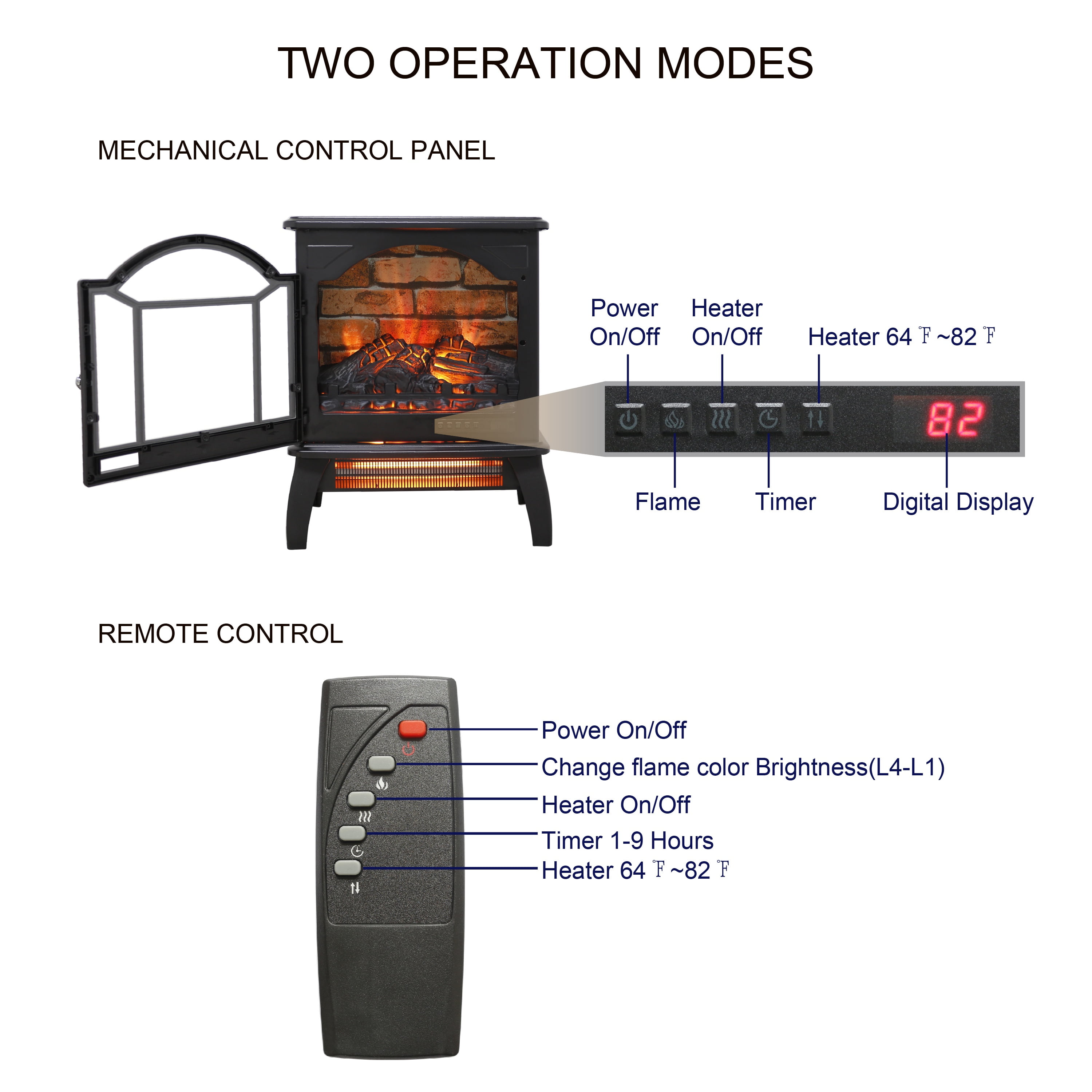 PAPROOS 18 inch Freestanding Electric Fireplace Heater, Quartz Fireplace Infrared Stove Heater with 3D Realistic Flame, Remote Control, Timer, Safety Heater for Indoor Use, 1500W, Antique Black