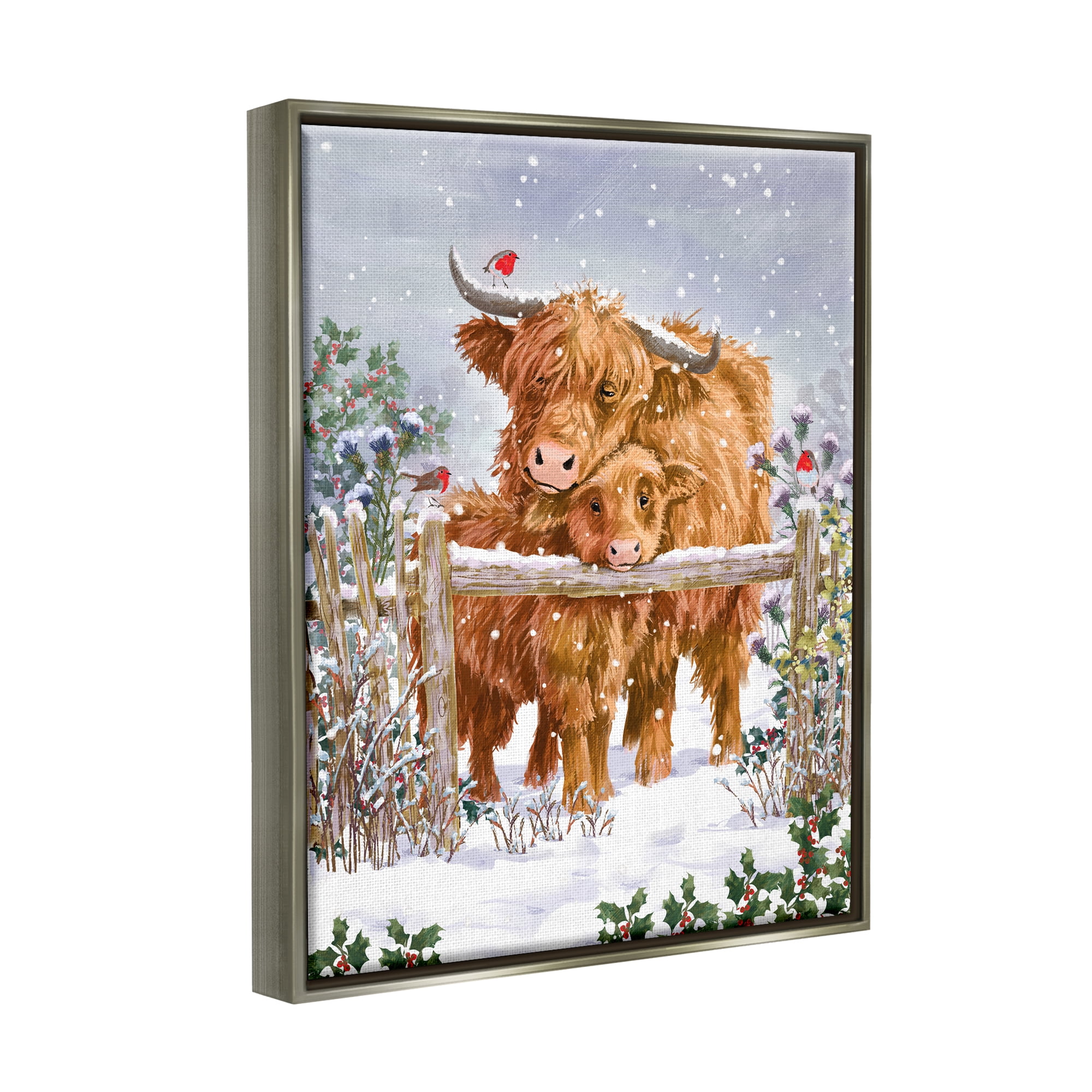 Stupell Industries Winter Cattle Cuddling Snow Scene Holiday Painting Gray Floater Framed Art Print Wall Art