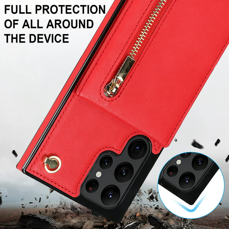 DEFBSC Compatible with Samsung Galaxy S22 Ultra Case, Crossbody Wallet  Case, Adjustable Detachable Lanyard Neck Strap with Kickstand Leather Card