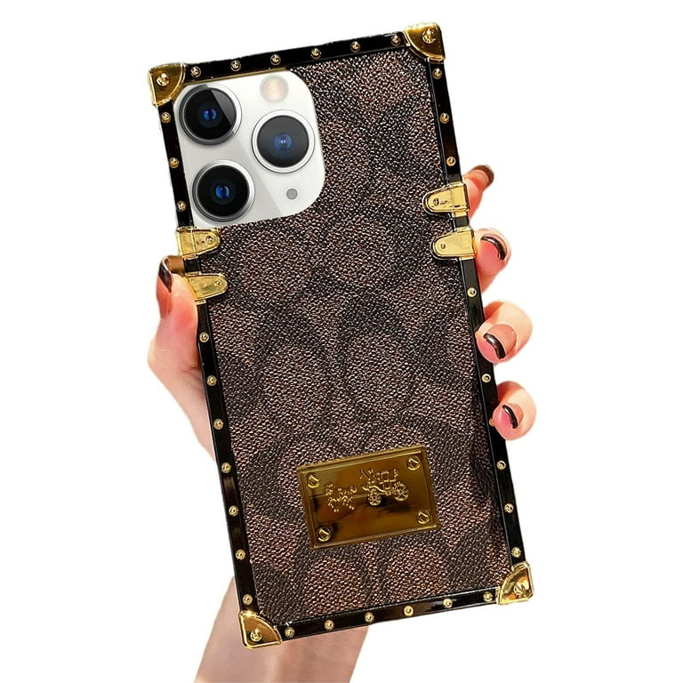 Designer Square Case Compatible with iPhone 11 Pro Max for Women, Luxury  Aesthetic Classic Pattern Leather Back Cover Soft Frame Metal nameplate  Cute Shiny Trunk iPhone 11 Promax - Khaki 