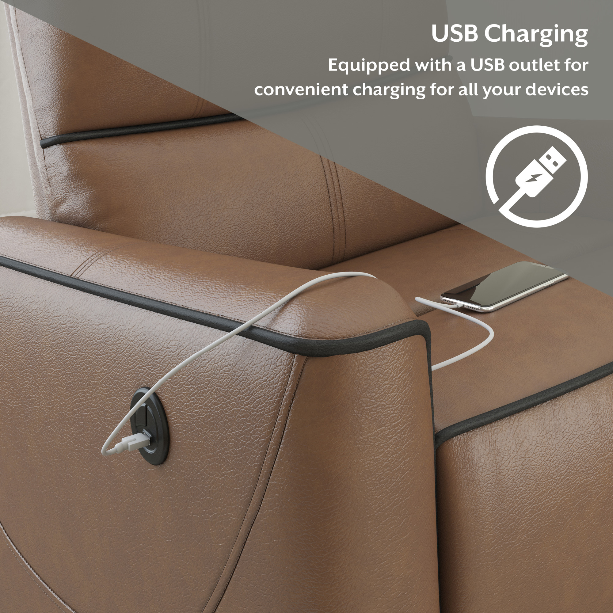 Hillsdale Provenza Faux Leather Power Recliner with USB Port, Saddle Brown