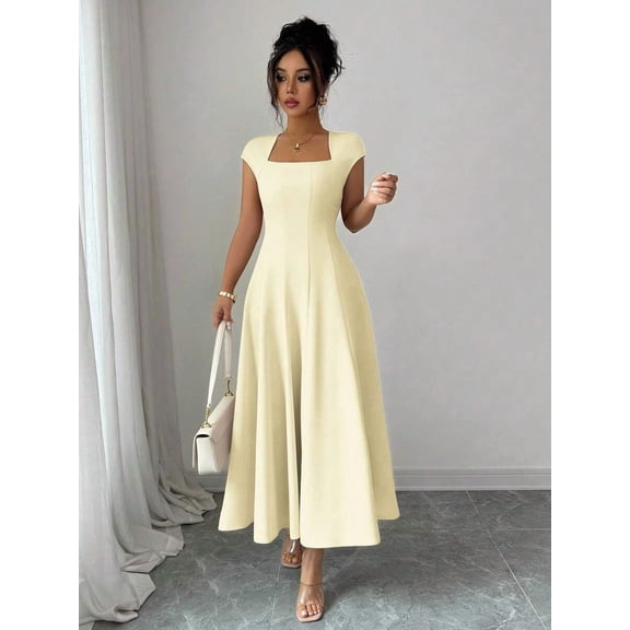 Pale Yellow Womens Square Neck Cinched Waist A-Line Midi Dress For Spring Summer Casual Vacation
