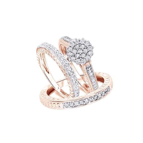 AFFY White Natural Diamond Engagement & Wedding Trio Bridal Ring Set In 10k Rose Gold (1 Cttw)