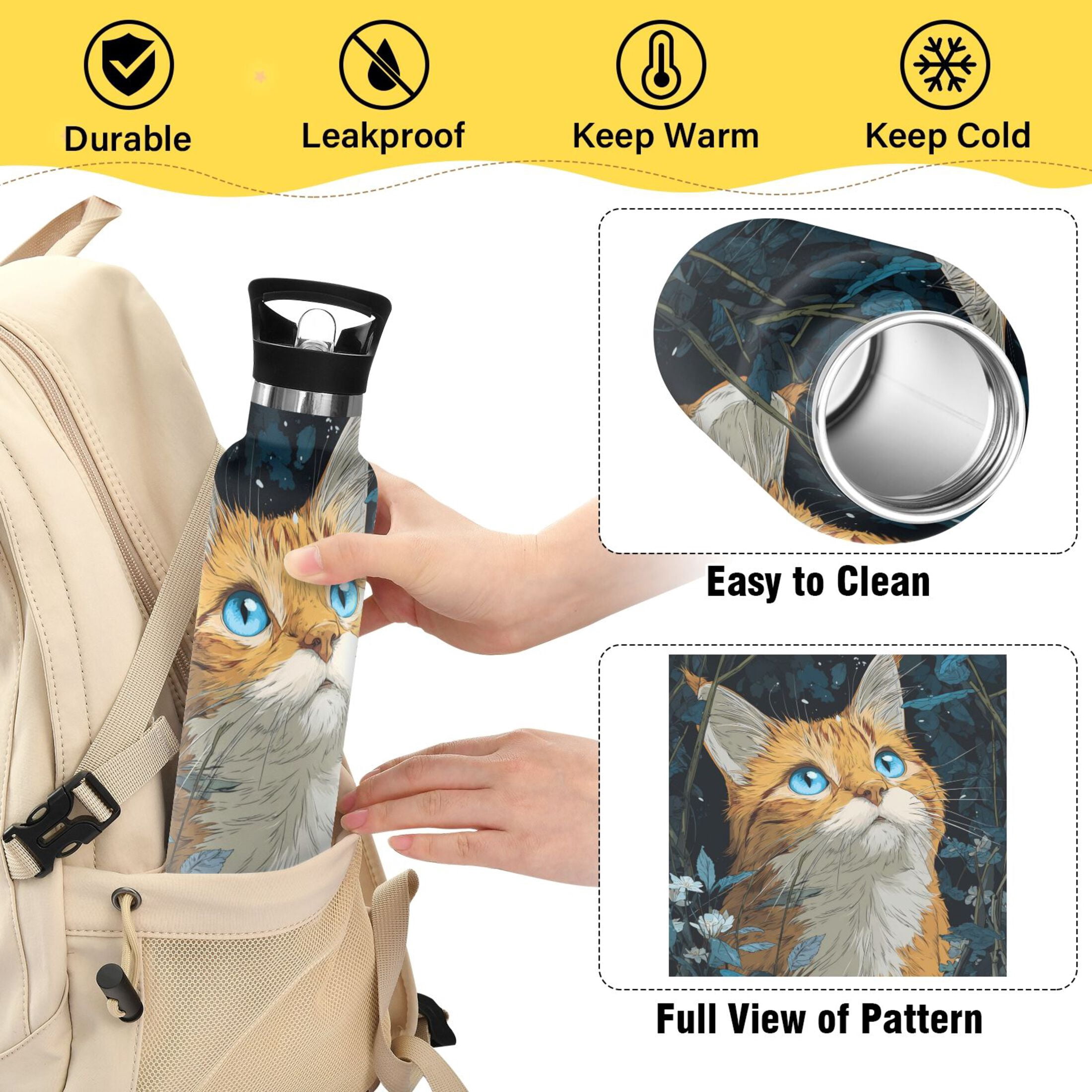 Kids Insulated Stainless Steel Sports Water Bottle 600ml (20oz) Orange Cat with Blue Eyes