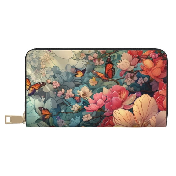 Leather Thin Slim Wallets for Women Men - Butterflies In Blooming Garden Clutch Card Wallet for Women Men with Zipper