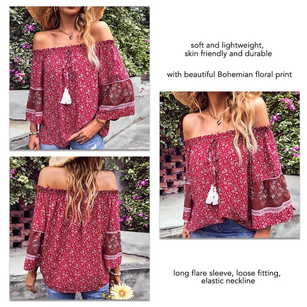 Top con hombros descubiertos blusa elegante para mujer informal holgada con estampado floral transpirable para uso diario ANGGREK Otros