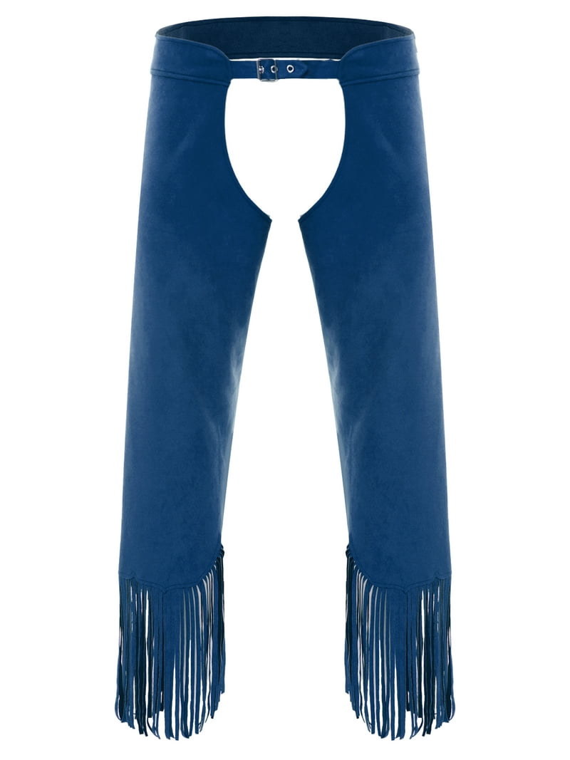 Chaps Western Franges Conchos Rouges Sur Daim Bleu - Bull Riding