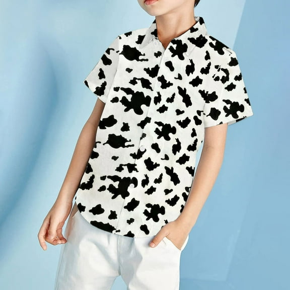 TOOYOU Boys Shirt Toddler Baby Cow Print Shirts Short Sleeve Button Down Lapel Neck Tops T Shirt Size 3-4 Years Black