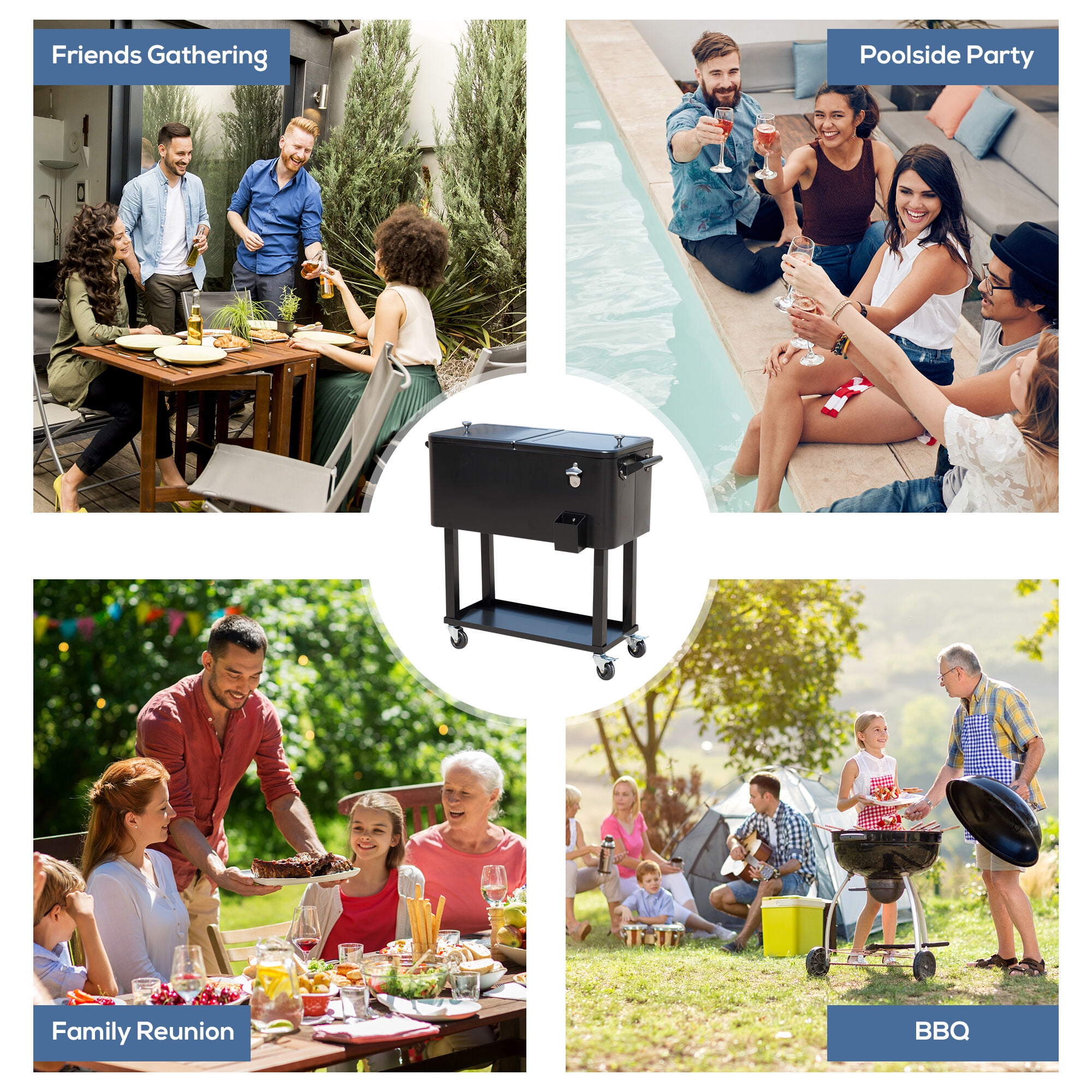French Door Refrigerators For Kitchen, 80 QT Rolling Cooling Bins Ice Chest on Wheels Outdoor Stand Up Drink Cooler Cart for Party, Black, Black Kitchen Refrigerators