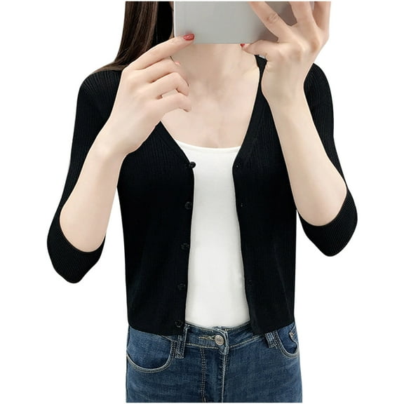 CENGNIAN Women's V-Neck 3/4 Sleeve Cardigan,Ladies Button-Down Cropped Overcoat,Womens Elegant Lightweight Outerwear,Black,Size XXL