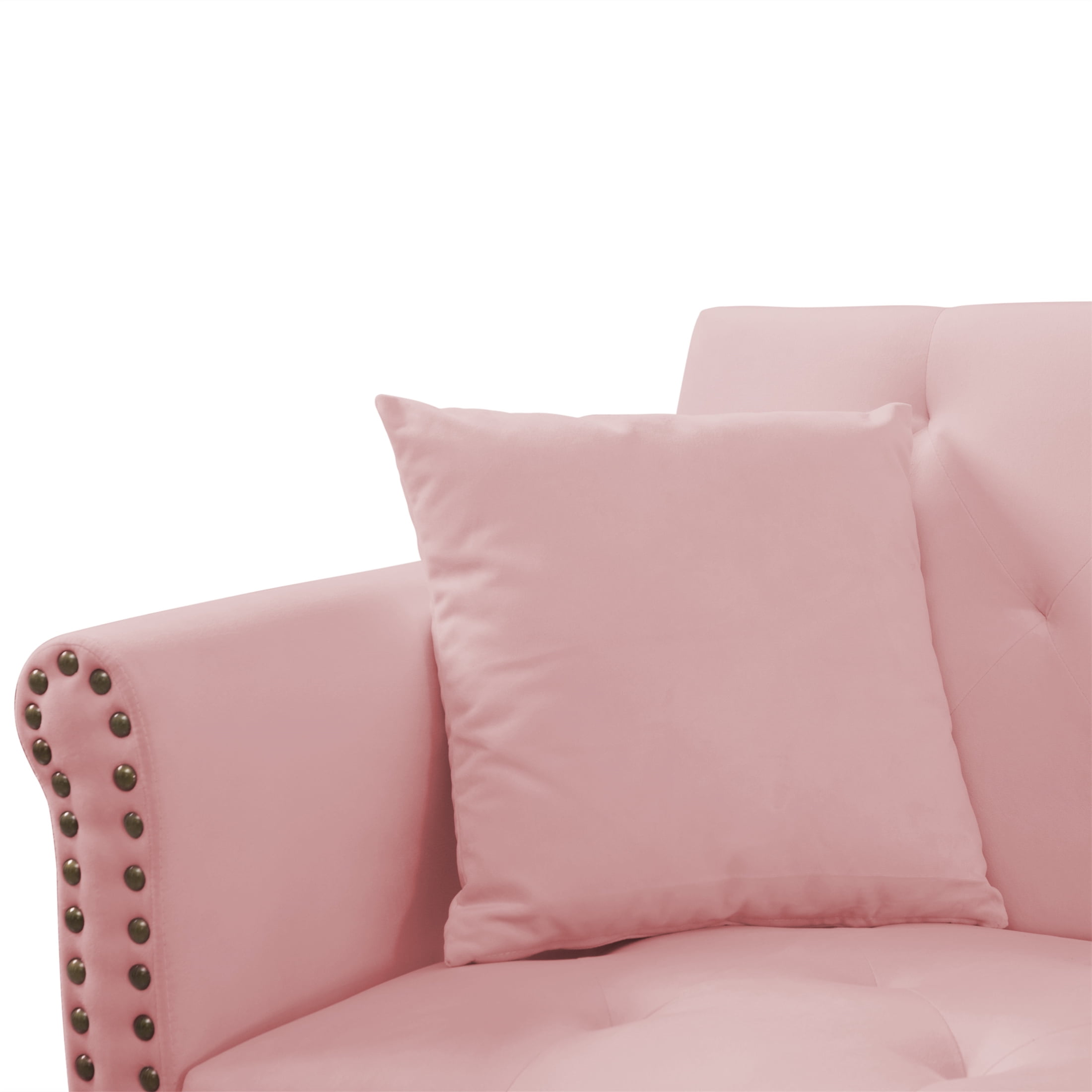 Aukfa Velvet Futon Convertible Sofa for Home Office, Nailhead Decor, 2 Pillows, Pink