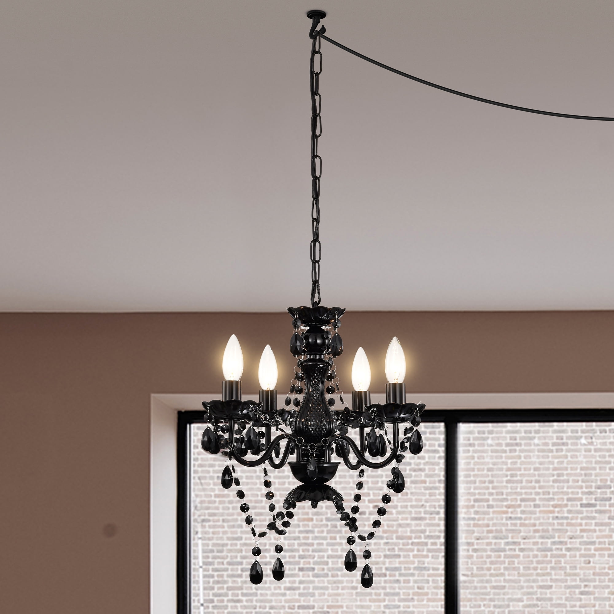 4-Light Elegant Black Finish Plug-in Crystal Chandelier for Bedroom Dining Room, Mini Adjustable Hanging Light