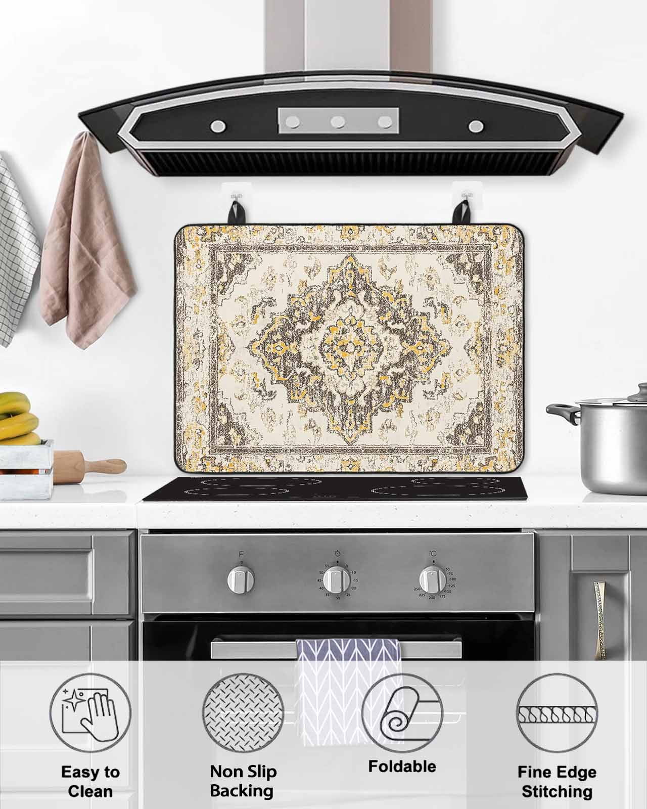 nqOlkjepod Large Induction Cooktop Protector Mat 24"x21", Beige Vintage Boho Stove Top Covers for Electric Stove, Ethnic Tribal Geometric Abstract Stove Burner Cover Mats, Glass Top Stove Cover
