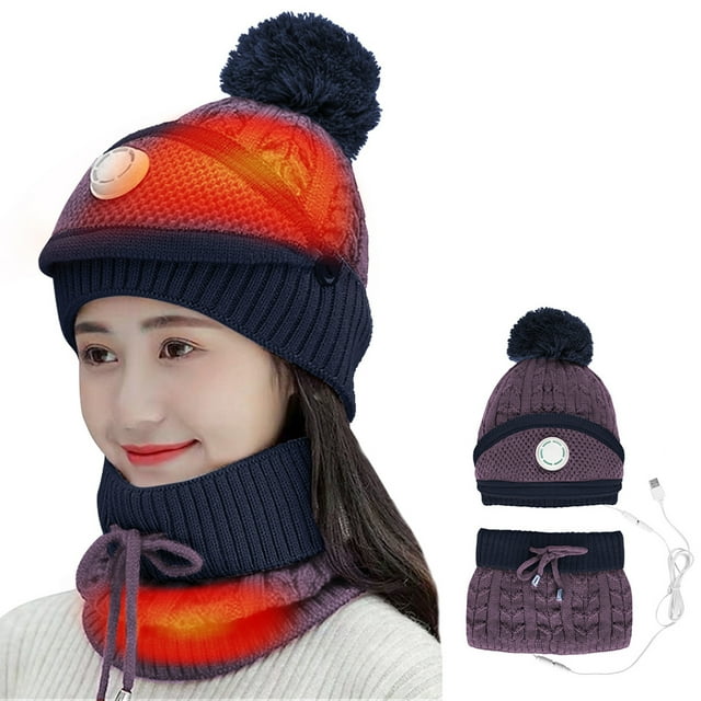 Gorro De Punto Con Calefacción Usb 3 En 1, Conjunto De Calentador De Cuello Y Cara, Gorro Cálido De Invierno Para Mujeres Y Niñas, Gorros De Esquí Con Forro Polar Y Pompón Eigraketly AP008166-02