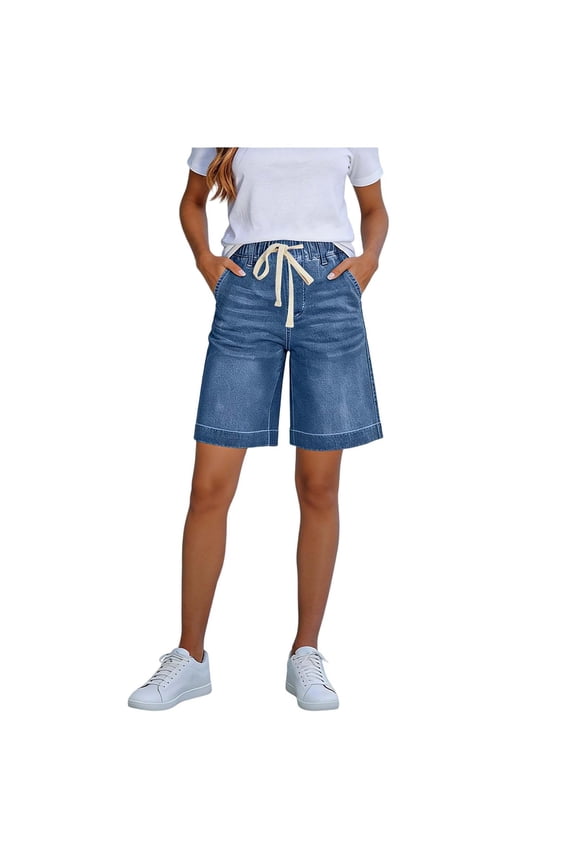 Women's Bermuda Shorts Drawstring Elastic Waist Jean Shorts Casual Loose Fit Pull On Denim Shorts with Pockets