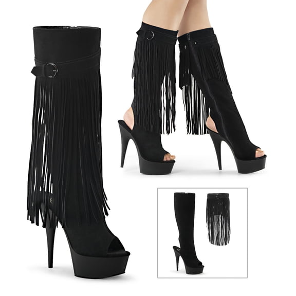 *6" Heel, 1 3/4" PF Open Toe/Heel Knee High Boot, Side Zip - Blk Suede/Blk Matte, 6