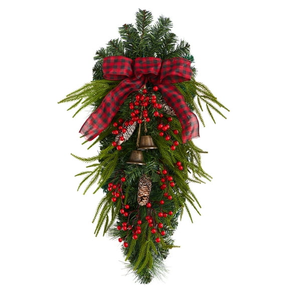 Nearly Natural 24" Holiday Christmas Pine Cones, Berry and Bells Swag