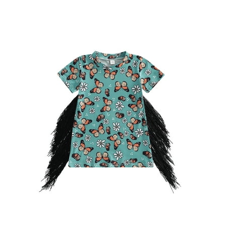 

Toddler Baby Girl Western Dress Cow Print T Shirt Dress Boho Short Sleeve Fringe Dresses Kids Summer Clothes