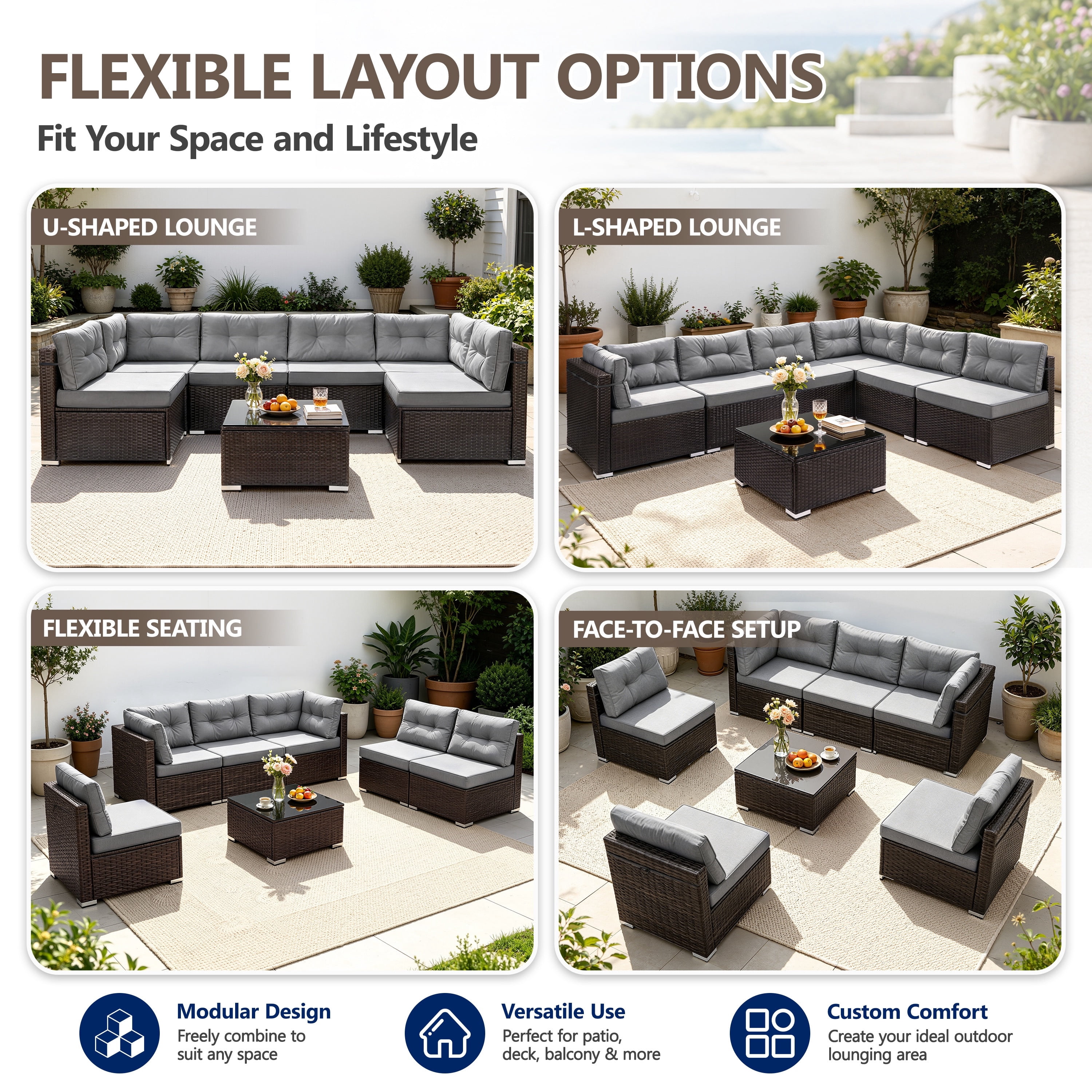 7 Piece Rattan Sectional Sofa Set, Outdoor Conversation Set, All-Weather Wicker Sectional Seating Group with Cushions & Coffee Table, Morden Furniture Couch Set for Patio Deck Garden Pool