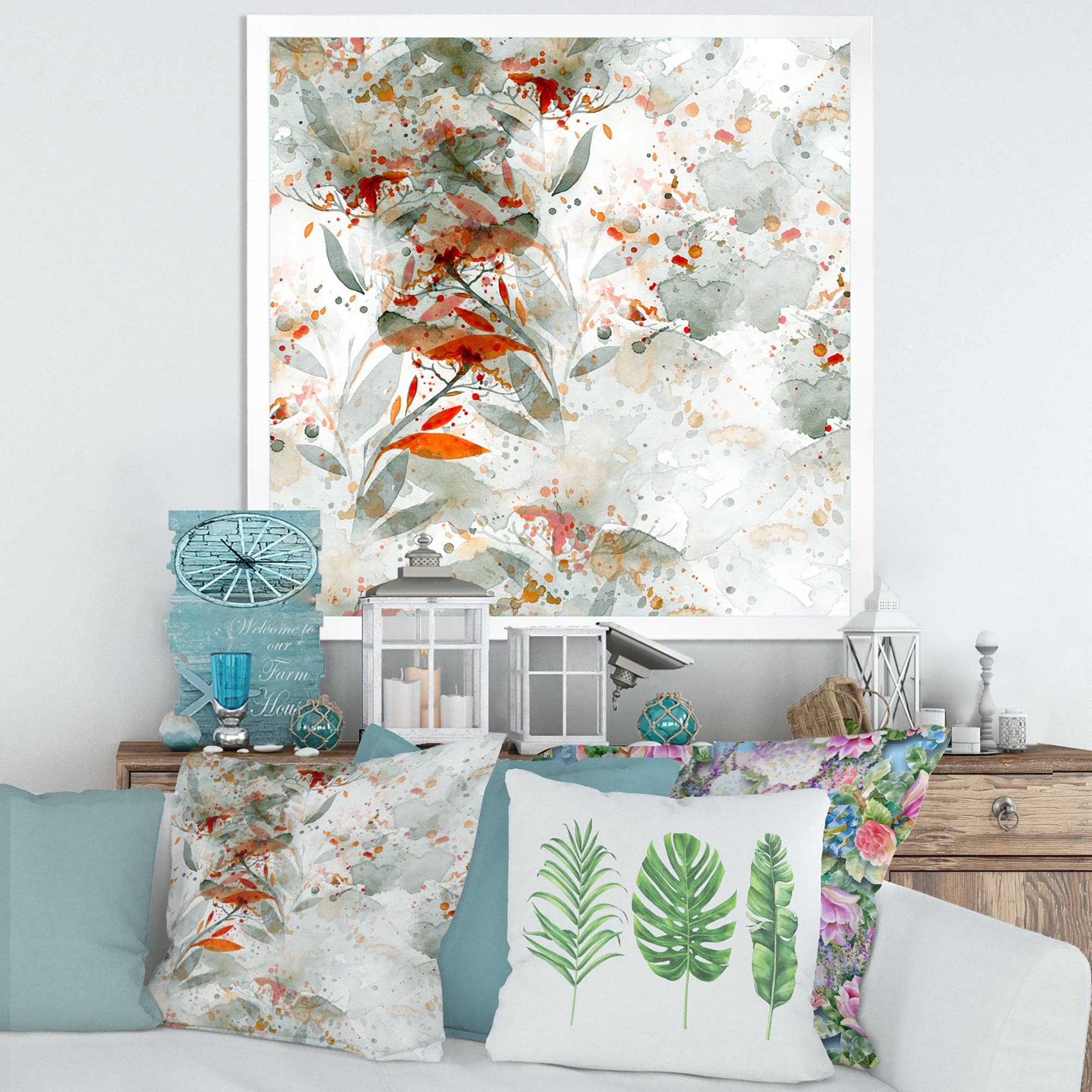 Designart 'Orange and Green Wildflowers II' Modern Framed Art Print