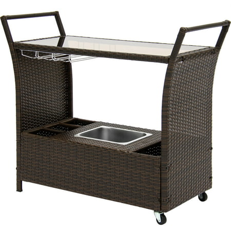 Best Choice Products Rolling Wicker Outdoor Bar Cart w/ Removable Ice Bucket, Glass Countertop, Wine Glass Holders, Storage
