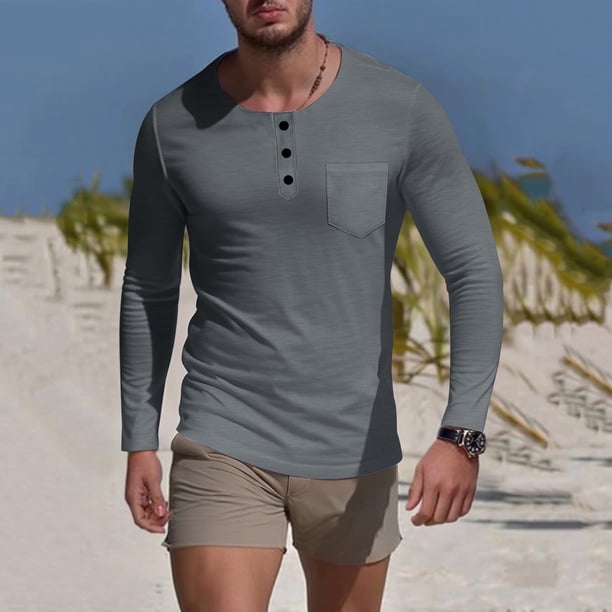 pstuiky Camisas de manga larga abrigadas para hombre, Camisa de capa base de ejercicio de manga larga para hombre, informal, con cuello redondo, bolsillos y botones, de colores sólidos xxxl