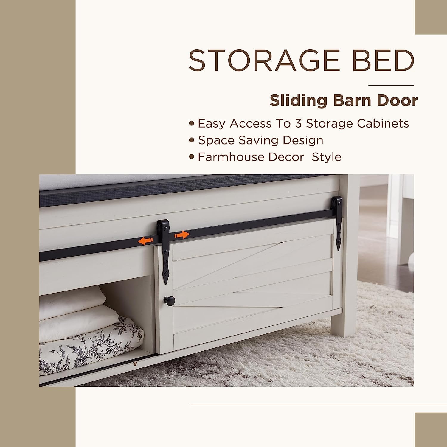 T4TREAM Farmhouse White Queen Size Platform Bed Frame with Headboard and 3 Barn Door Storage Cabinets, No Box Spring Needed, Mattress Not Included