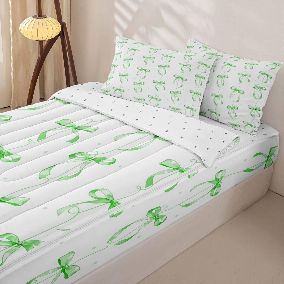 Homewish Kawaii Green Bowknot Kids Zipper Twin Comforter Sets with Fitted Sheet and 2 Pillowcases Princess Ribbon Style Zipper Bedding Set Reversible 4 Pieces