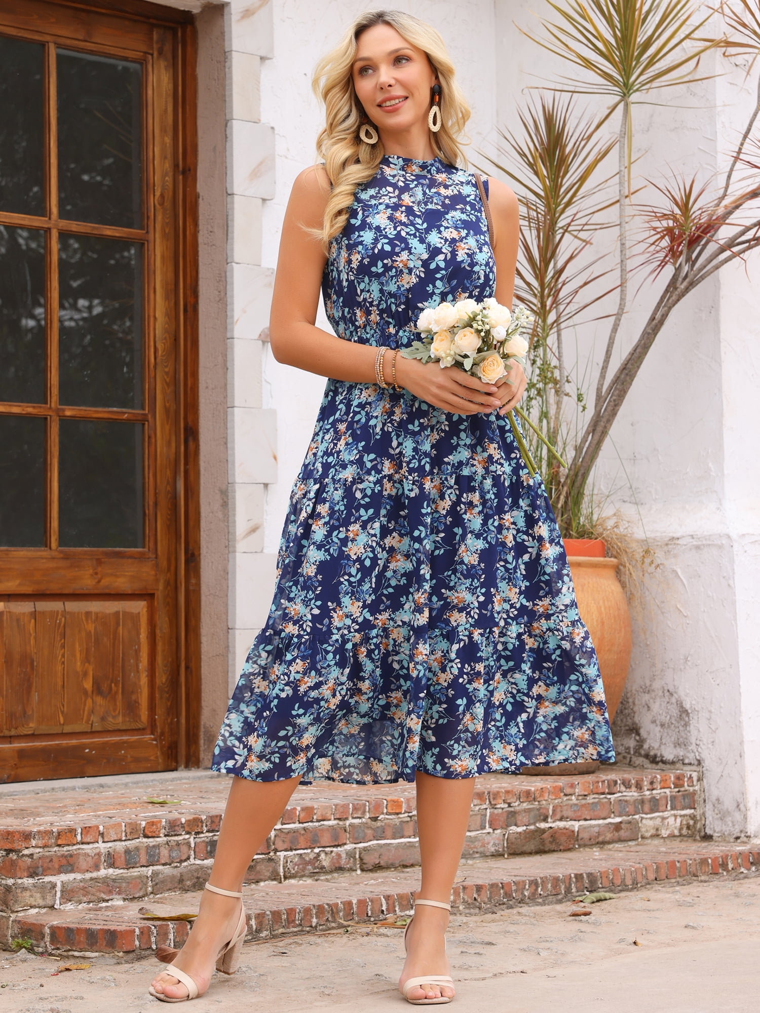 DARING DIVA Women's Floral Mock Neck Tiered Flowy Midi Dress M Navy Blue