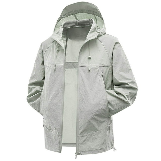 Mens Light Jacket Hoodie Zipper Adjustable Drawstring Sun Protection Quick Dry Summer Coat for Fishing Hiking Athletic Running Green
