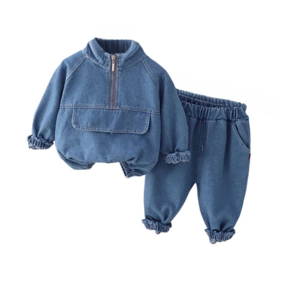 Toddler Denim Outfit Set Long Sleeve Pullover Top with Half Zip Front and Elastic Waist Pants Casual Style for Kids Boys Girls