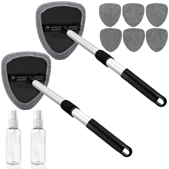2-Pack Windshield Cleaner Tool with 180° Rotating Head, Car Window Cleaner Tool with Extendable Handle, 8 Reusable Microfiber Covers and 2 Spray Bottles, Car Windshield Cleaning Brush for Effortless