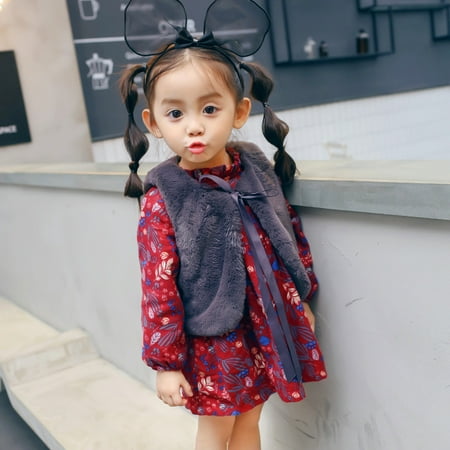 

One opening 2020 Fashion Kids Baby GIrl Clothes Autumn New Floral Pring Long Sleeve Dress+Bandage Vest Caots 2pcs Toddler Outfits Set