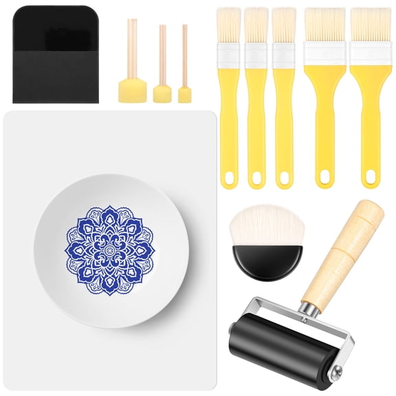 12Pcs Essential Decoupage Tool Set Includes 5 Decoupage Brush 3 Sponge Brush 1 Rubber Roller 1 Scraper 1 Silicone Table Mat 1 Semi Circular Applicator for DIY Arts and Crafts