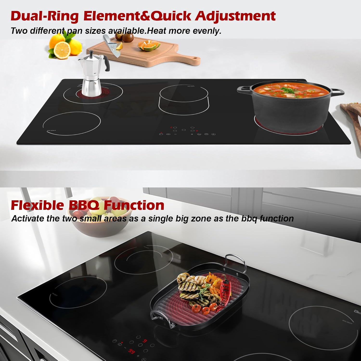 GIONIEN 36 Inch Electric Cooktop, 8400W Built-in Ceramic Stove with 5 Burners & Double Ring Zones, 220~240V Hardwired Drop-in Electric Stove Top, Touch Control, 9 Power Levels, Timer, Child Lock