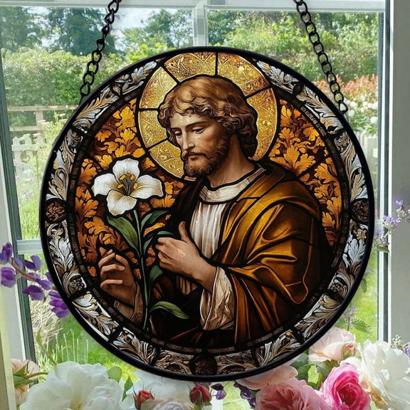 Peaceful Saint Joseph 3 Hanging Stained Glass for Windows, Holiday Festival Ornament, Gift for Mom, Romantic Valentine Decoration, Holiday Tree Ornament, Heirloom 2025