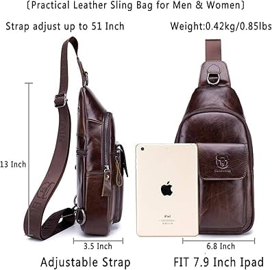 BULLCAPTAIN Genuine Leather Sling Bag for Men, Crossbody Chest Backpack with Adjustable Strap, Zipper Closure. , Coffee Brown