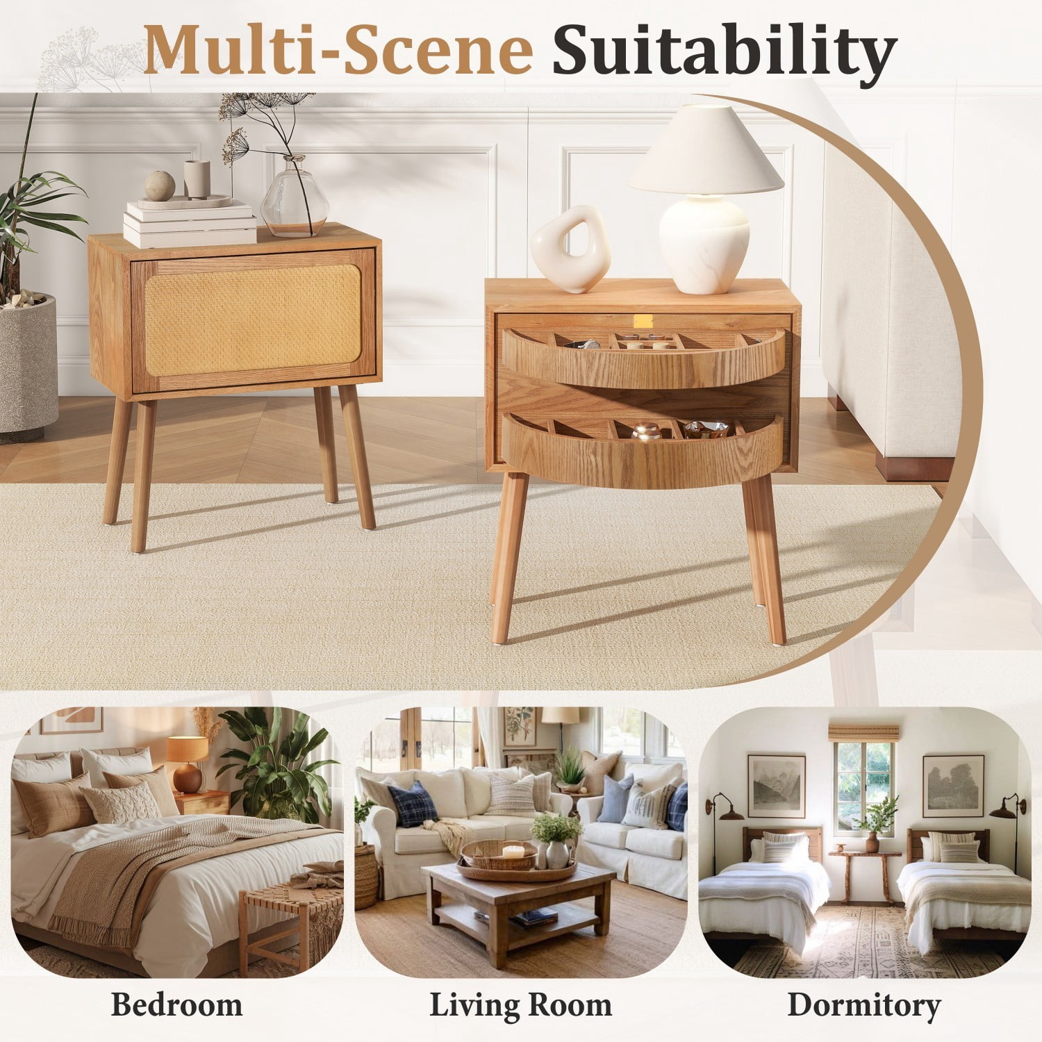Rotating Hidden Compartment Nightstand, Mid Century Modern Rattan Bedside Table with Concealed Storage, Wood Legs End Table for Bedroom Living Room Dorm, Natural