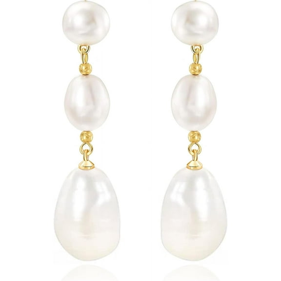 Pearl Earrings for Women 14K Gold Plated/925 Sterling Silver Double Pearl Dangle Drop Earrings for Bridal Wedding Prom Jewelry Gifts