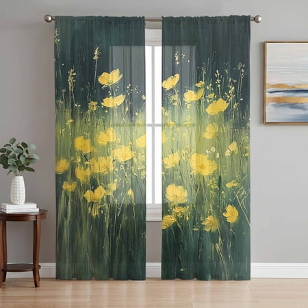 Spring Floral Sheer Curtains 96 Inch Length 2 Panels Set Modern Oil Painting Yellow Green Botanical Voile Window Treatment Semi Sheer Long Curtains Drapes for Bedroom/Living Room/Kitchen 52 x96 x2