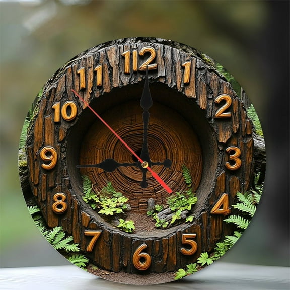 Rustic Wood Tree Stump Clock Wall Decor 10-Inch Silent Wooden Wall Clock, Battery Operated (AA Batteries Not Included), Artistic Home Decor