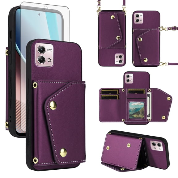 ELISORLI Luxury Wallet Case for Motorola Moto G Stylus 4G 2023 & Tempered Glass Card Slots Thin Slim Flip Purse Shoulder Strap, Card Holder Stand Phone Cover for GStylus XT2317-1 XT2317-2 Deep Purple