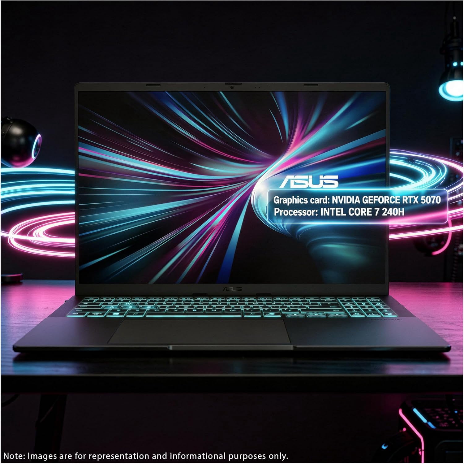Asus Vivobook V16 Gaming Laptop, Intel 7-240H, 64 GB DDR5 RAM, 4 TB PCIe SSD, 16" WUXGA (1920x1200) 144Hz Display, NVIDIA G-Force RTX 5070 , Backlit Chiclet Keyboard, W11 Pro, Black + Traix MousePad