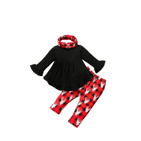 

Sunisery Kids Infant Baby Girls Tops Plaid Deer Pants Neckerchief 3pcs Outfits Set Black 18-24 Months