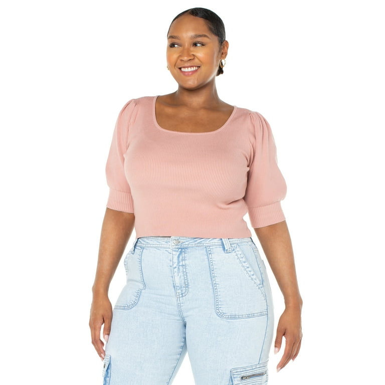 Celebrity Pink Juniors and Juniors Plus Square Neck Sweater with Short Sleeve Puff Sleeves Sizes Xxs 3x Girl s Size Medium