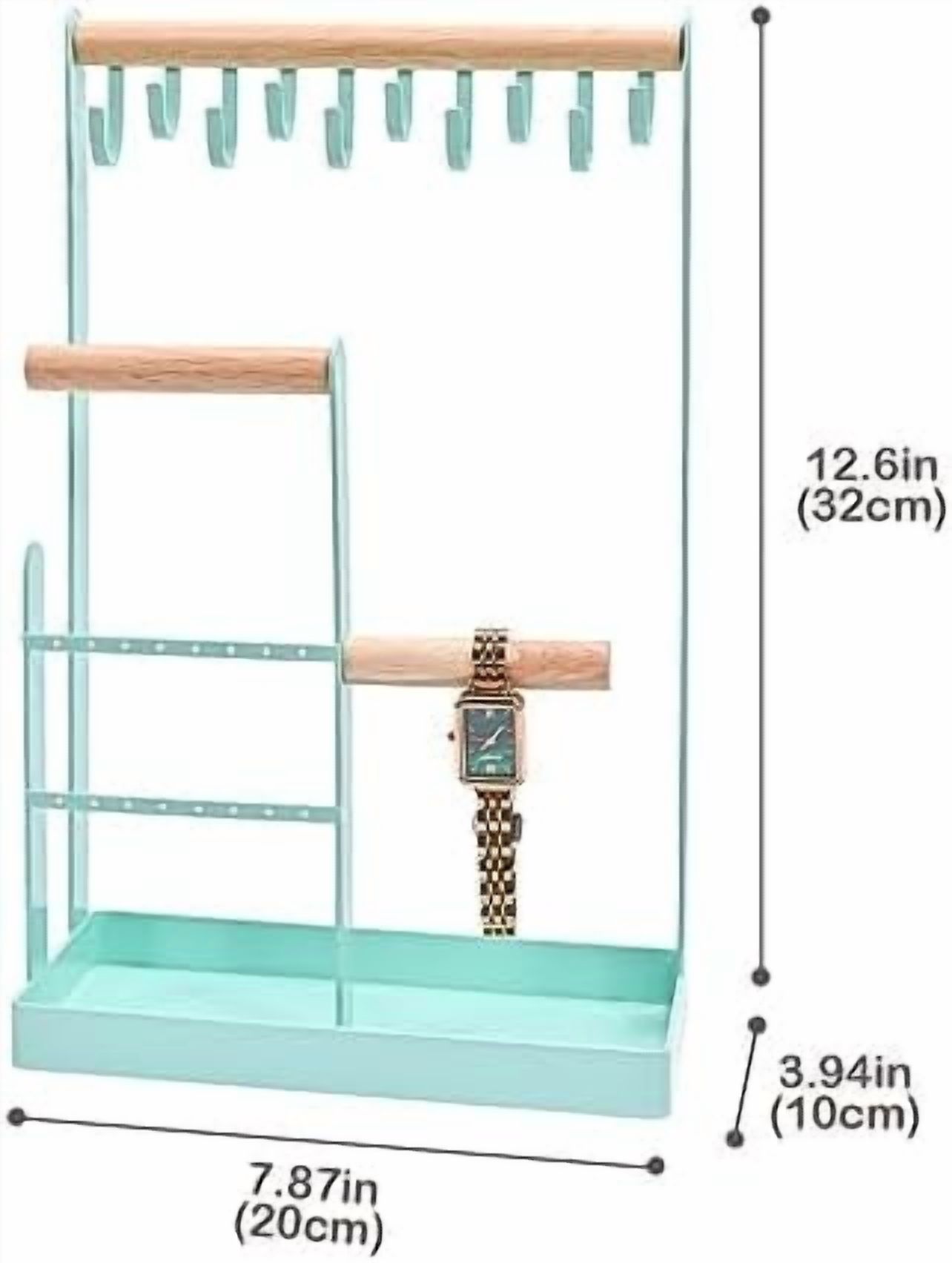 Jewelry Stand Holder Organizer, 4-Tier Necklace Holder with Ring Tray, 10 Hooks Necklaces Hanging Small Jewelry Display Storage Tower Tree for Bracelets Earrings Watches -Medium, Aqua