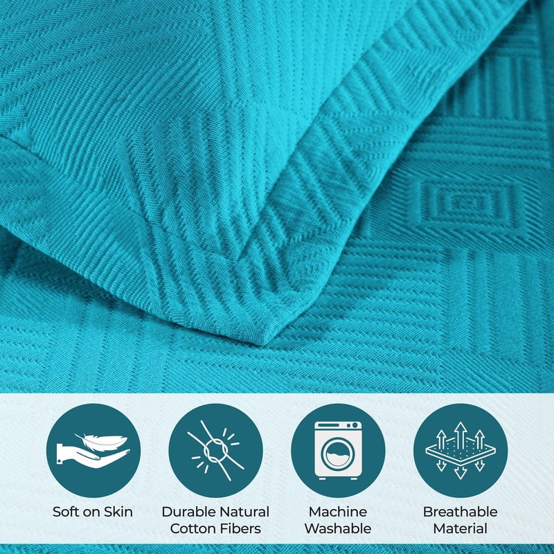 Superior Geometric Fret Cotton Bedspread and Sham Set, 3-Piece Decorative Breathable Bedspreads, Queen, Peacock Blue