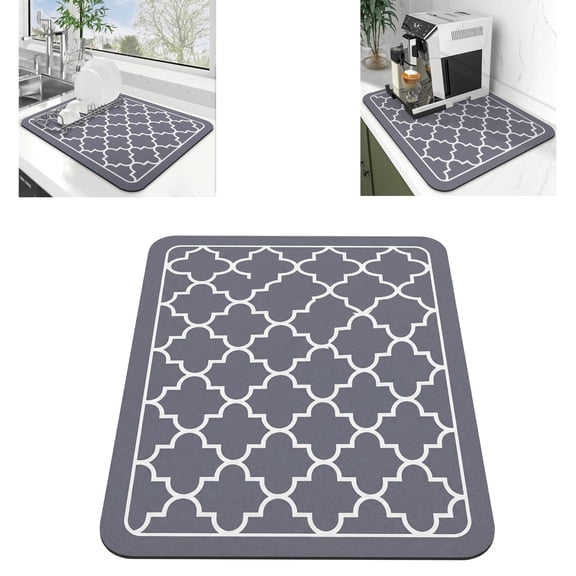 Dish Drying Mat for Kitchen Counter - Large 15x18 Inch Absorbent Stone Feel Mat for Dishes, Easy Clean, Grey
